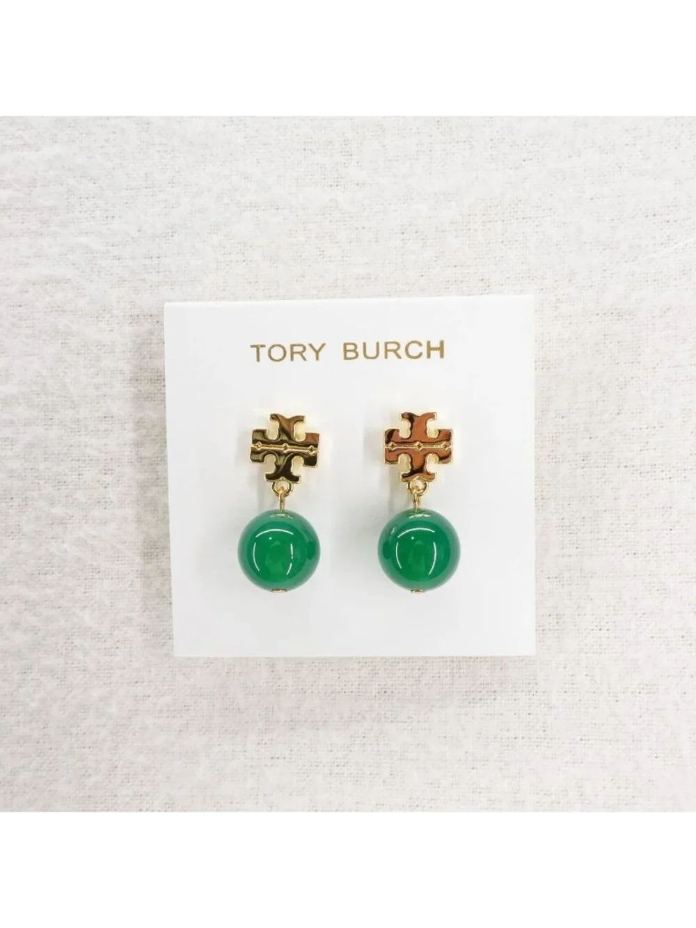 Tory Burch Faux Pearl Logo Drop Earrings Gold & Green OS